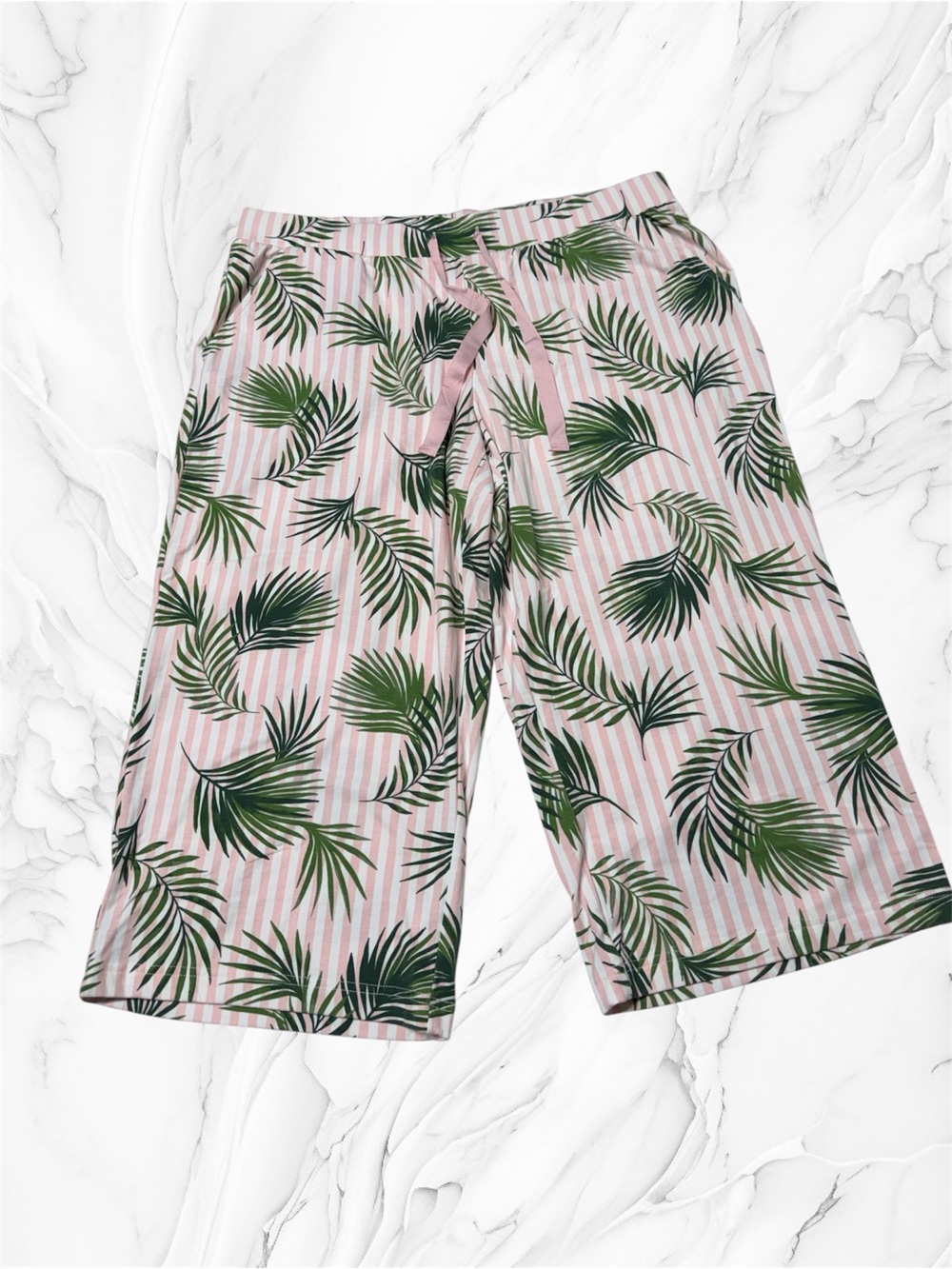 Lands' End Pink Striped with Green Palm Print pijama cropped pants XL